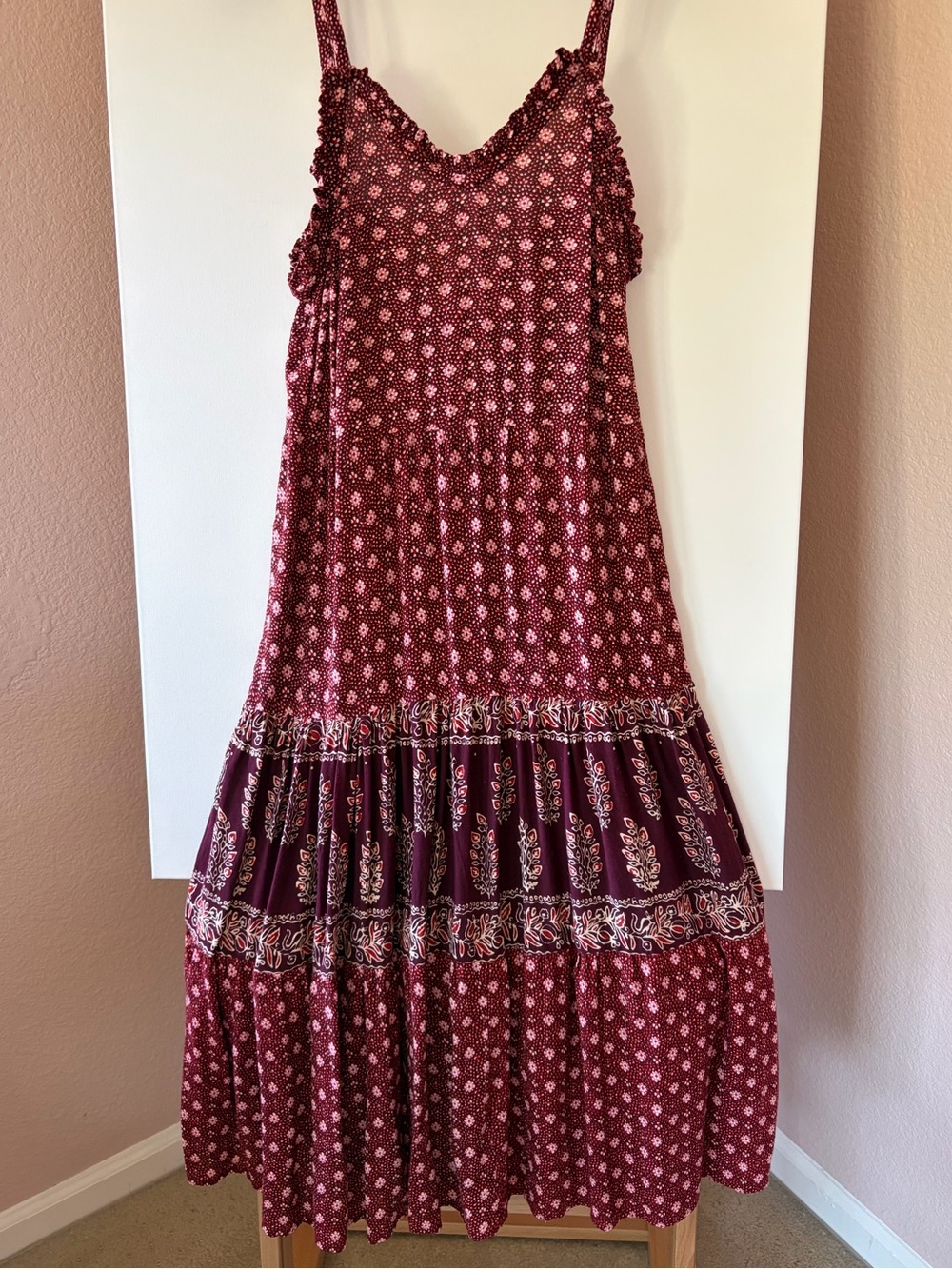 Bishop + Young Floral Pattern Block Tiered Midi Maxi Dress Size XS Cottagecore